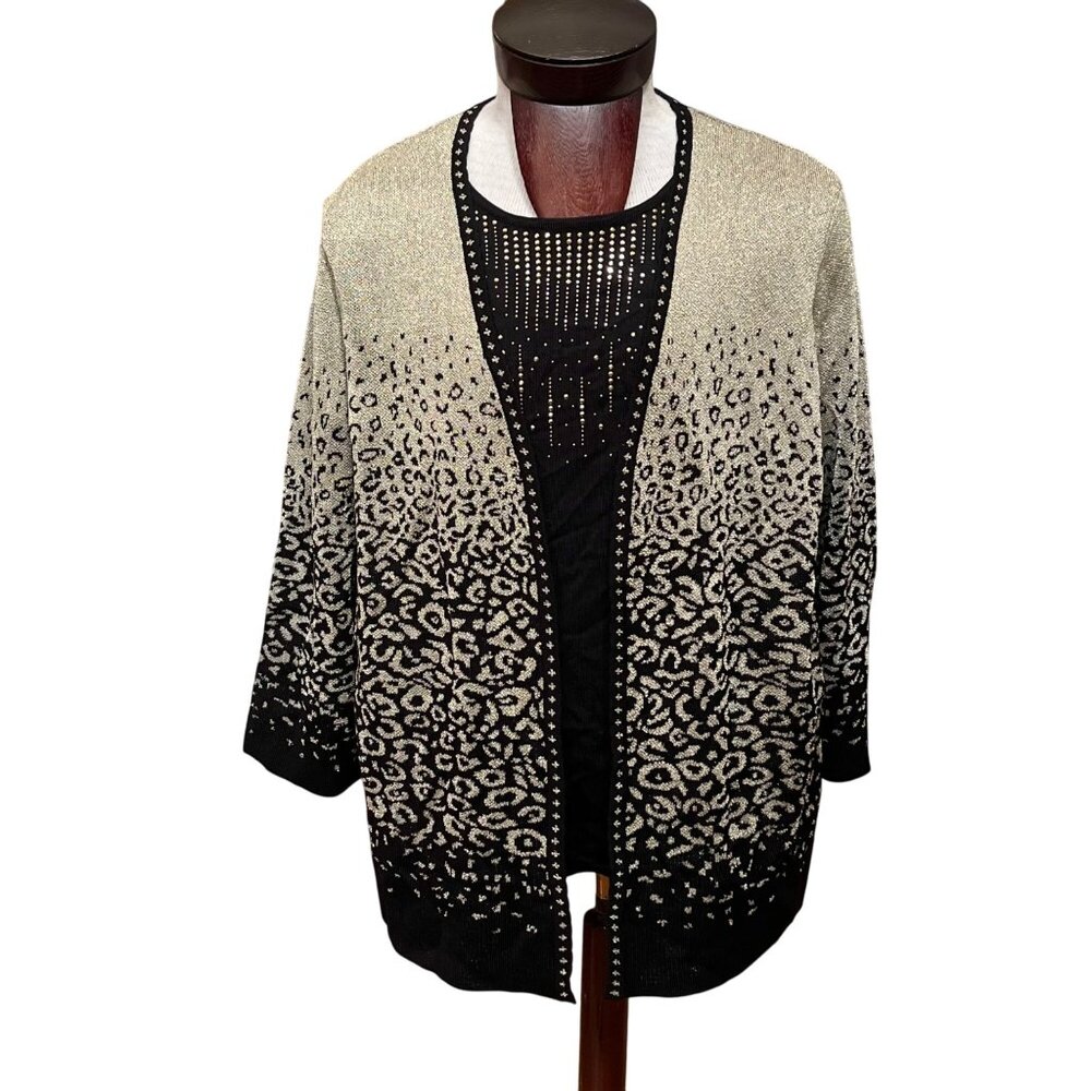 Alfred Dunner Womens Metallic Leopard Cardigan Sweater 2X Black Gold Open‎ Front